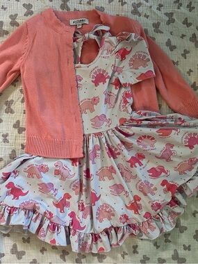 girlhead Pink Coral Dinosaur Print Dress with Coral Cardigan - Kids Casual